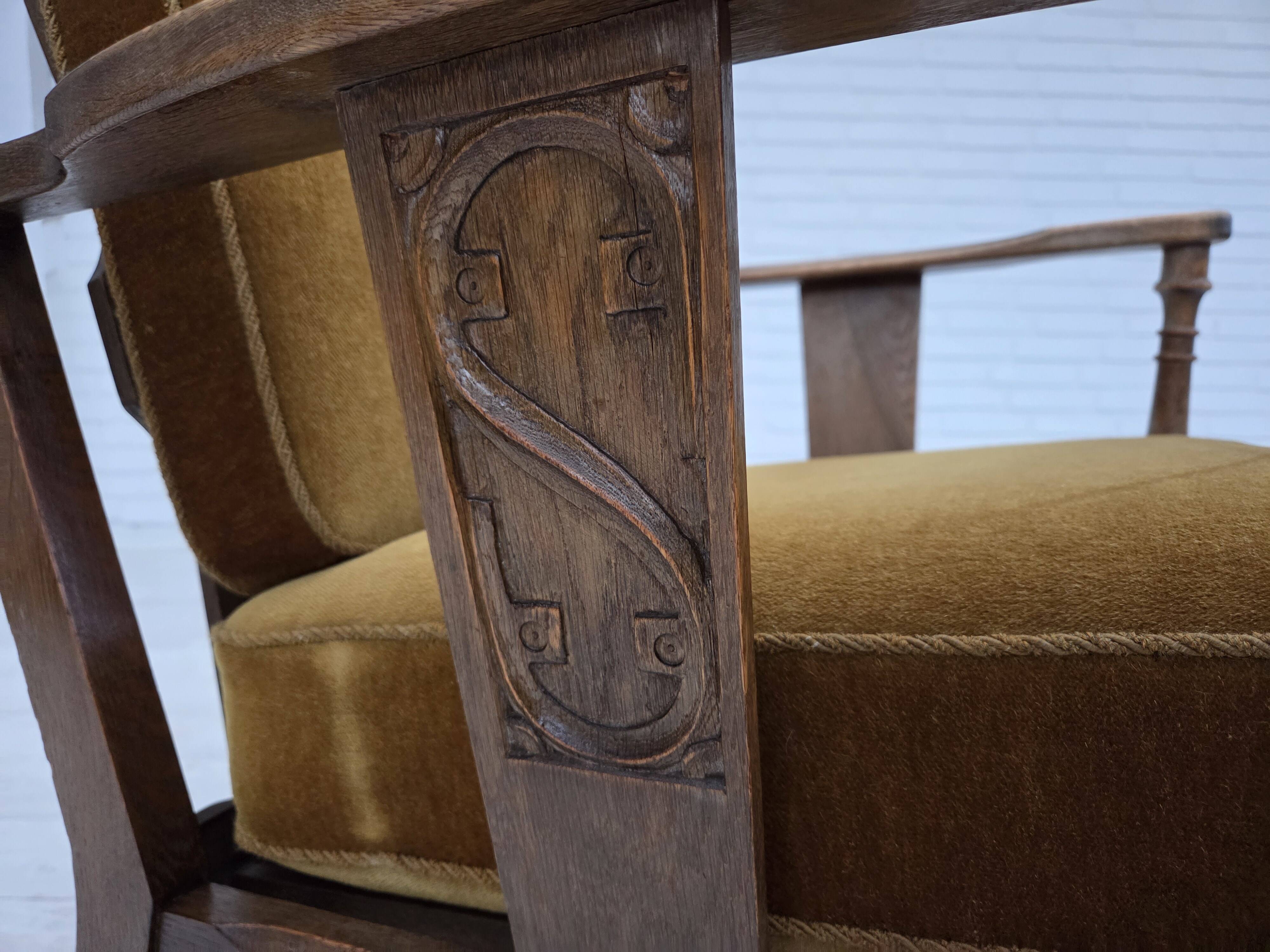 1950s, Danish vintage armchair, original green furniture velour, oak wood.