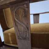 1950s, Danish vintage armchair, original green furniture velour, oak wood.