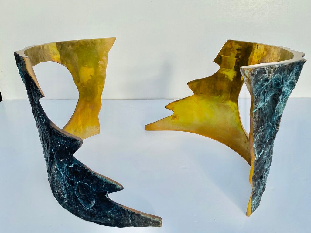 Table basse en bronze massif & verre par Willy Ceysens, 1970s