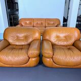 Sofa set in cognac leather by Sapporo for Mobil Girgi,  Italy 1970s