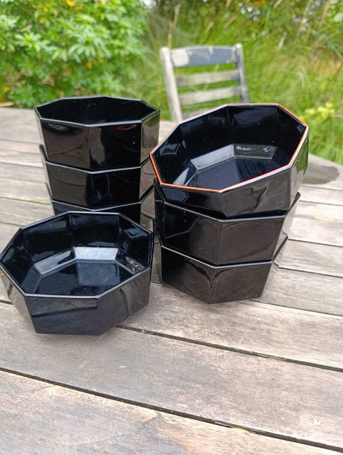 Bowls / cups X 7 black octagonal by Arcoroc 1980