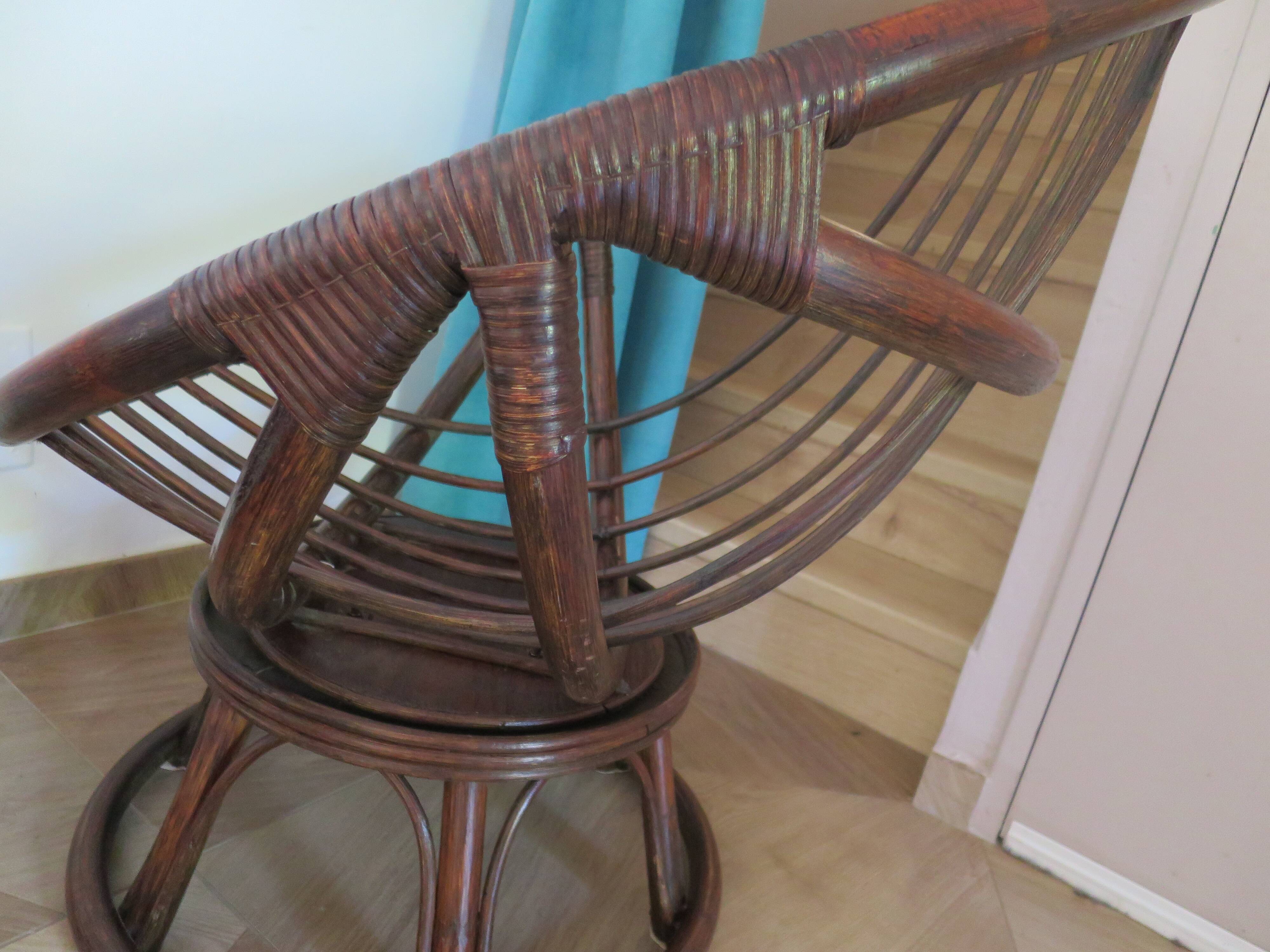 Vintage set of 2 swivel chairs in bamboo and rattan - Papasan shape