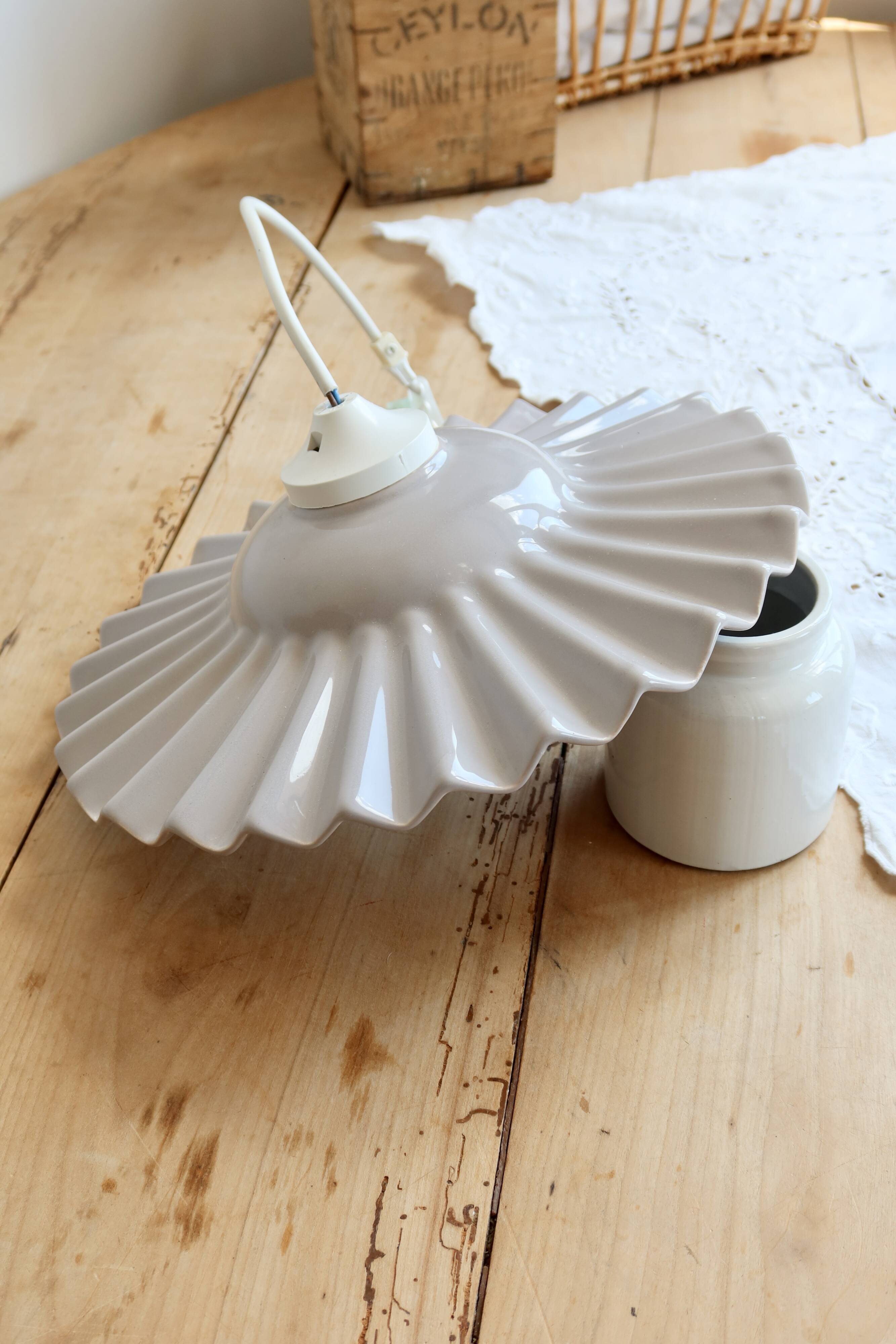 Vintage lilac taupe pleated ceramic pendant light