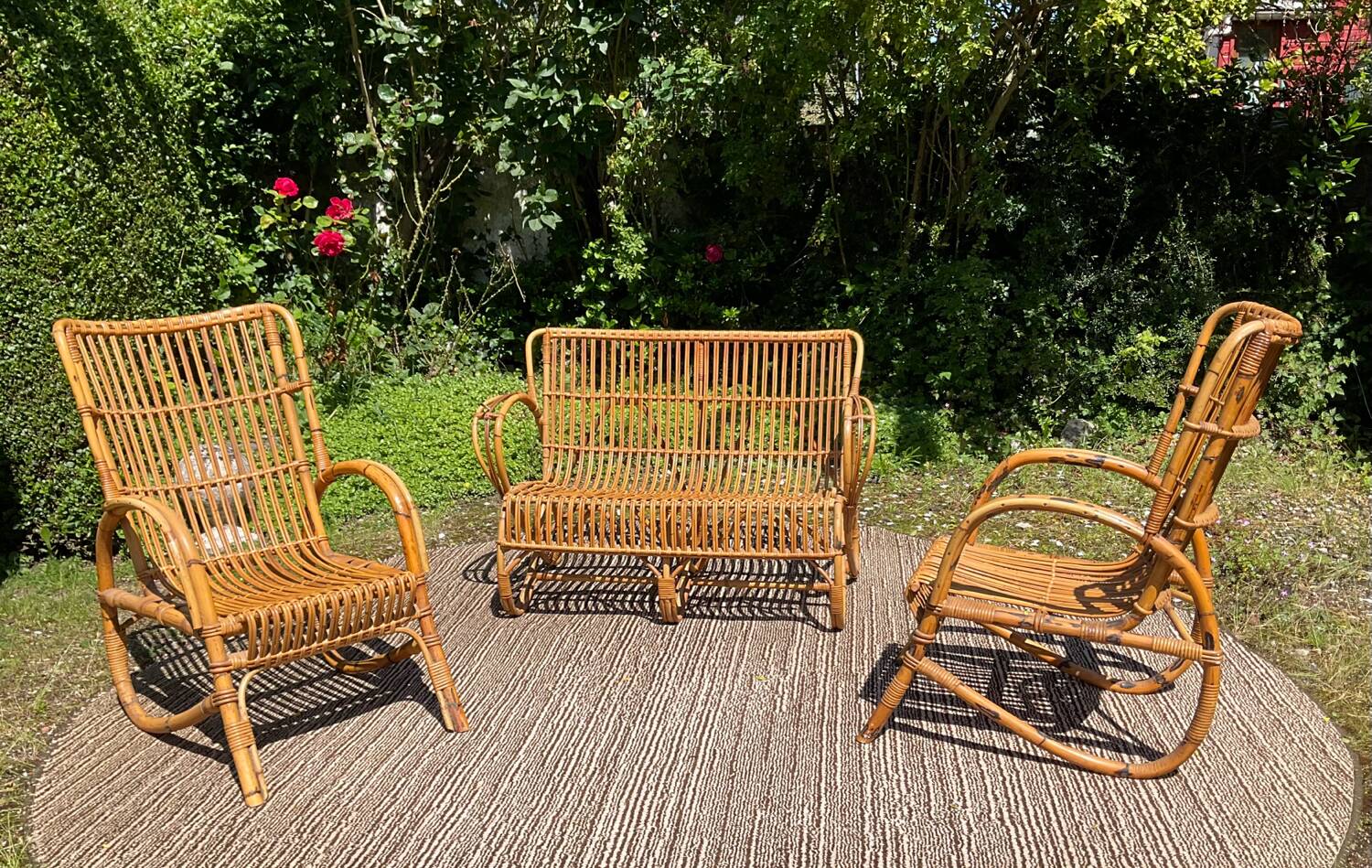 Vintage rattan lounge bench and 2 armchairs