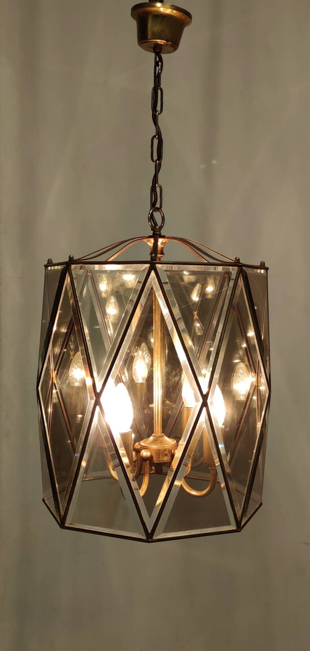 Handmande Octagonal Glass and Brass Pendant Lantern, Italy