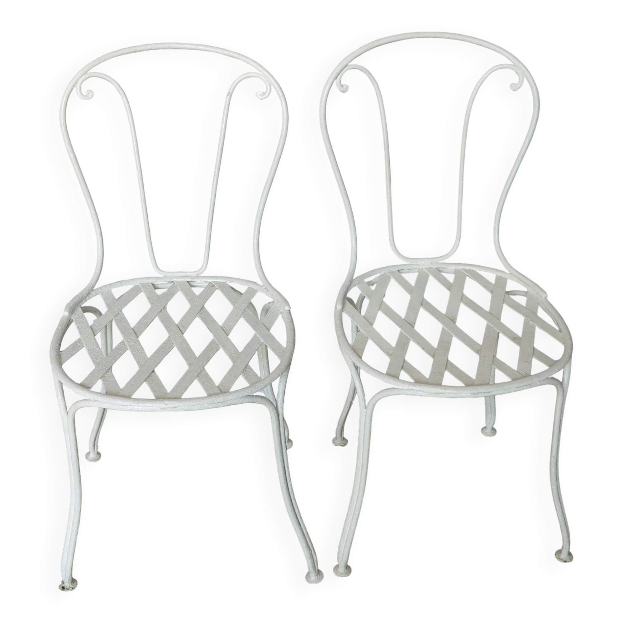 Pair of antique garden chairs, wrought iron, white paint.