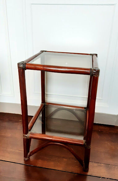 Rattan shelf and smoked glass 1970