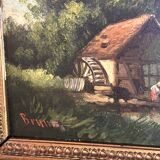 Barbizon School 19th century - Oil on panel - Washerwoman mill landscape - 1870