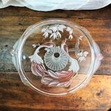 Plat à tartes gâteaux sur piédouche décor de paons