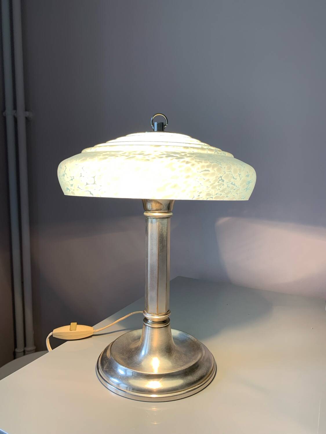Antique table lamp with silver base and Clichy glass