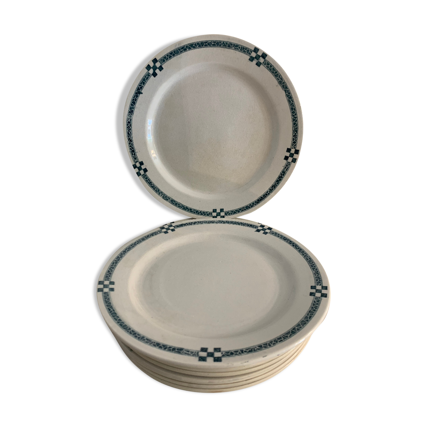 10 flat plates art deco Creil and Montereau model Nancy blue green gray