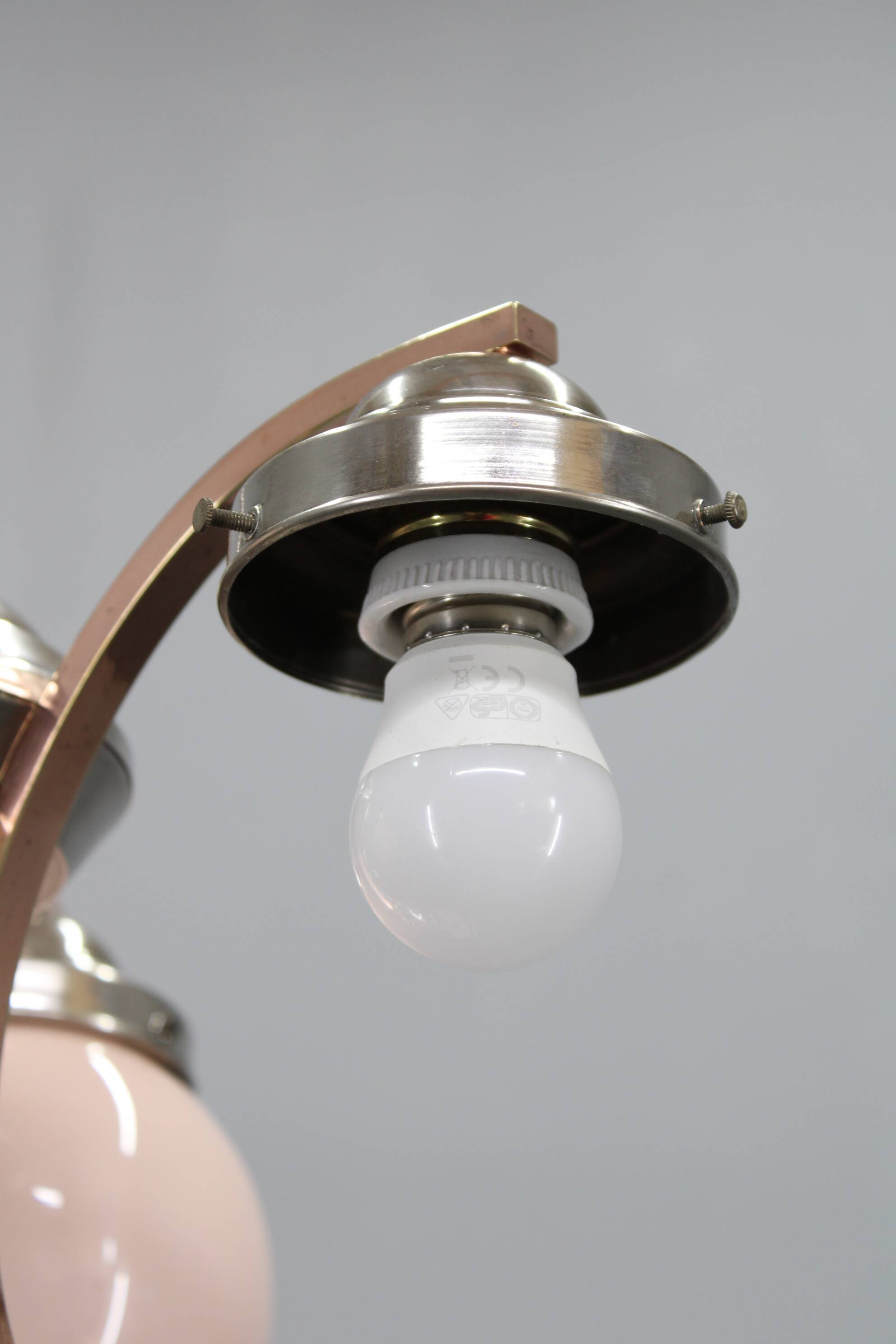 1930s Czechoslovak Art Deco nickel chandelier with rose opaline glass globes