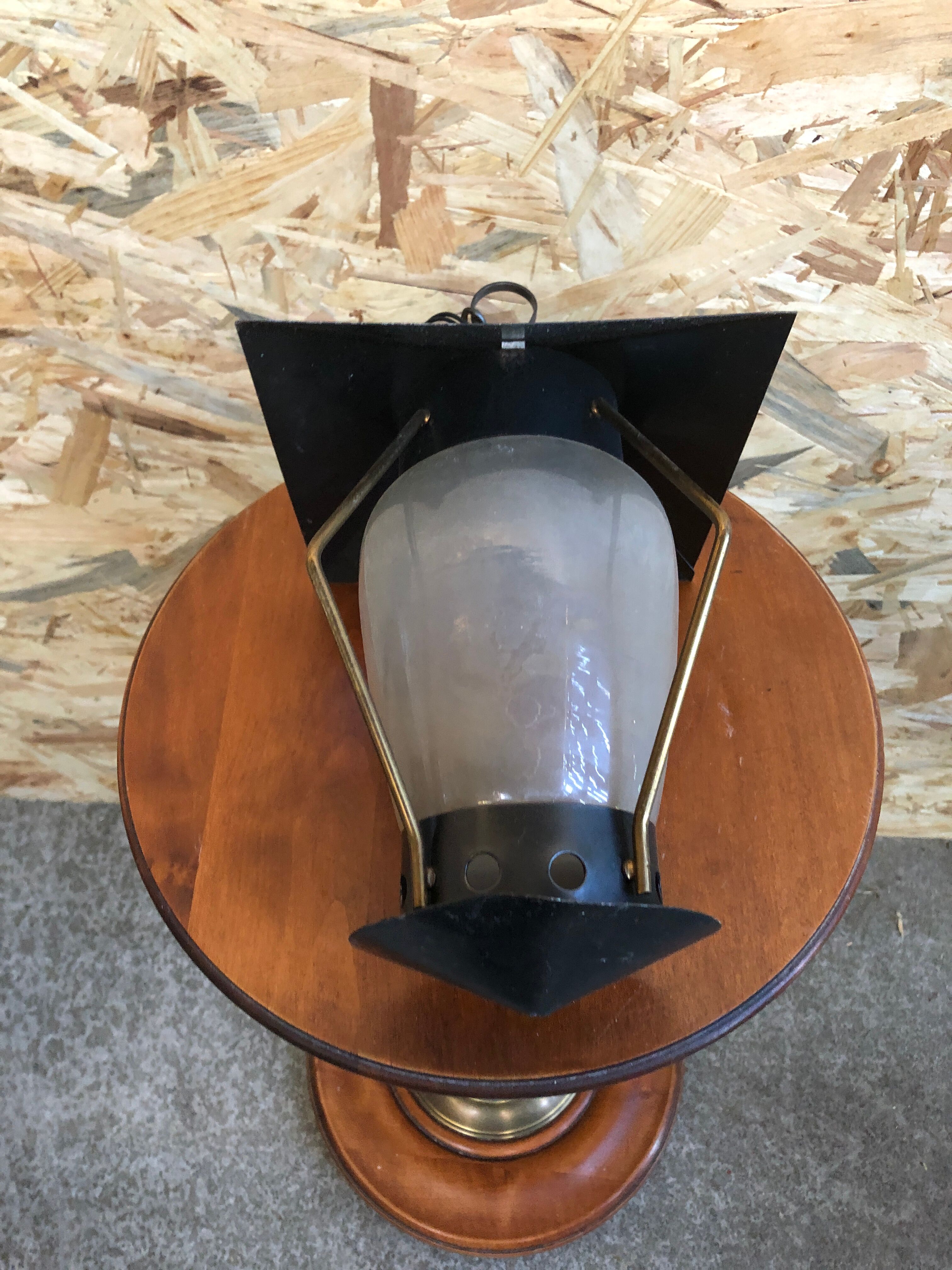 Old black metal & brass lantern pendant + vintage round opaque glass