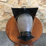 Old black metal & brass lantern pendant + vintage round opaque glass