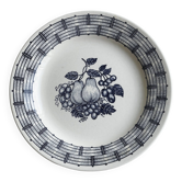 White ceramic plate with a blue fruit pattern.