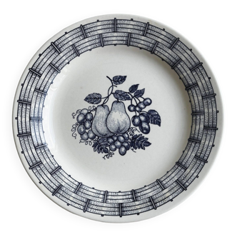 White ceramic plate with a blue fruit pattern.