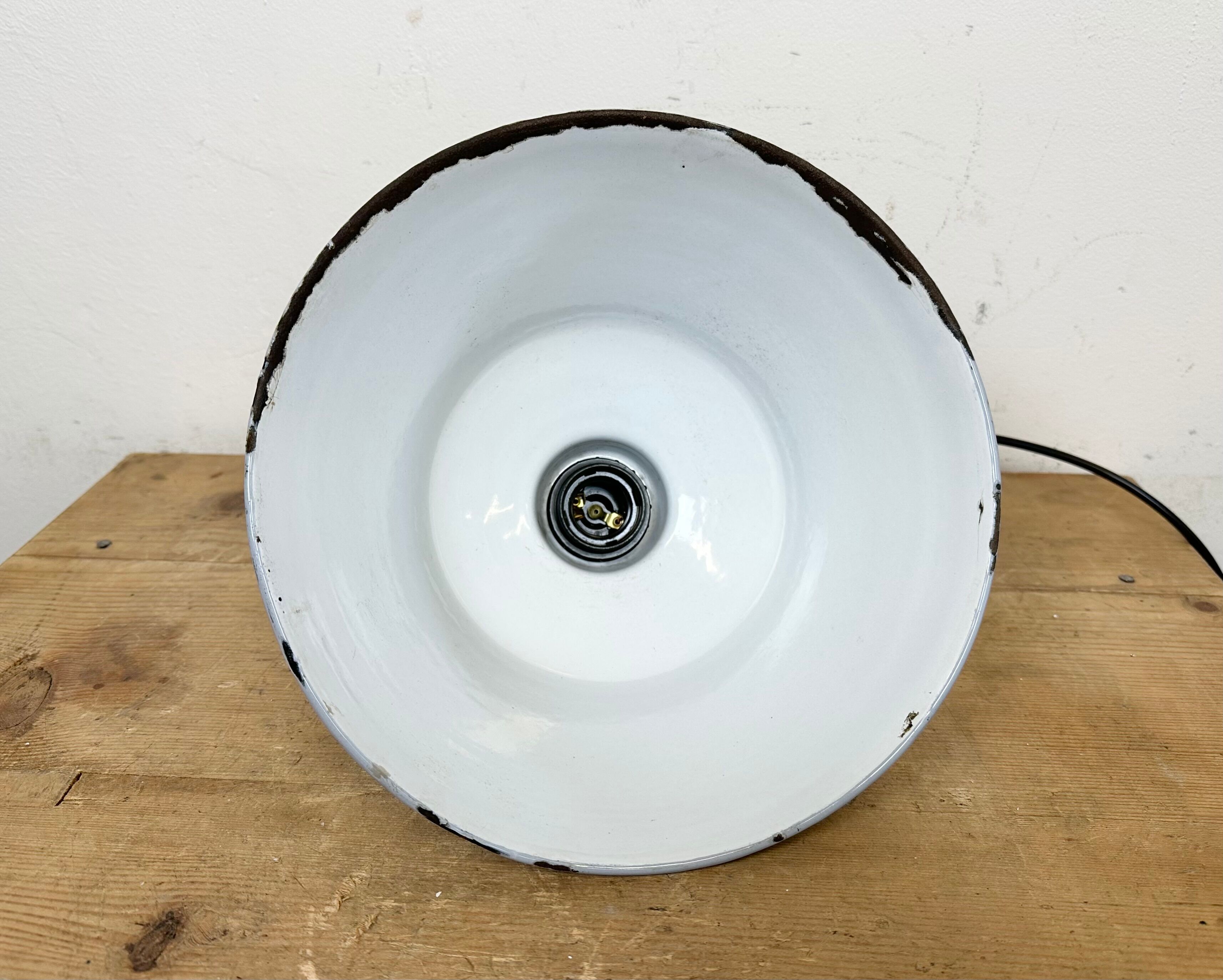 Industrial French Grey Enamel Factory Pendant Lamp, 1960s
