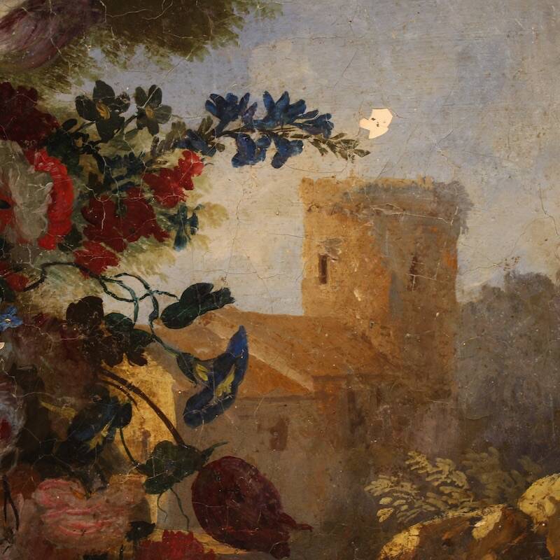 Peinture de nature morte ovale italienne antique du XVIIIe siècle