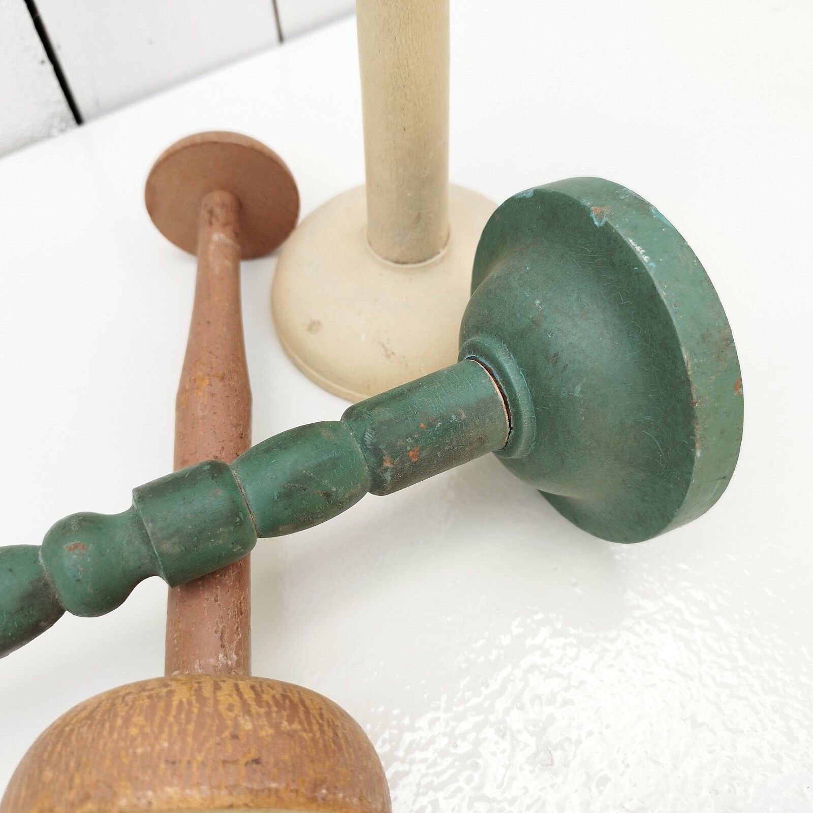 Three vintage wooden hat holders milliner