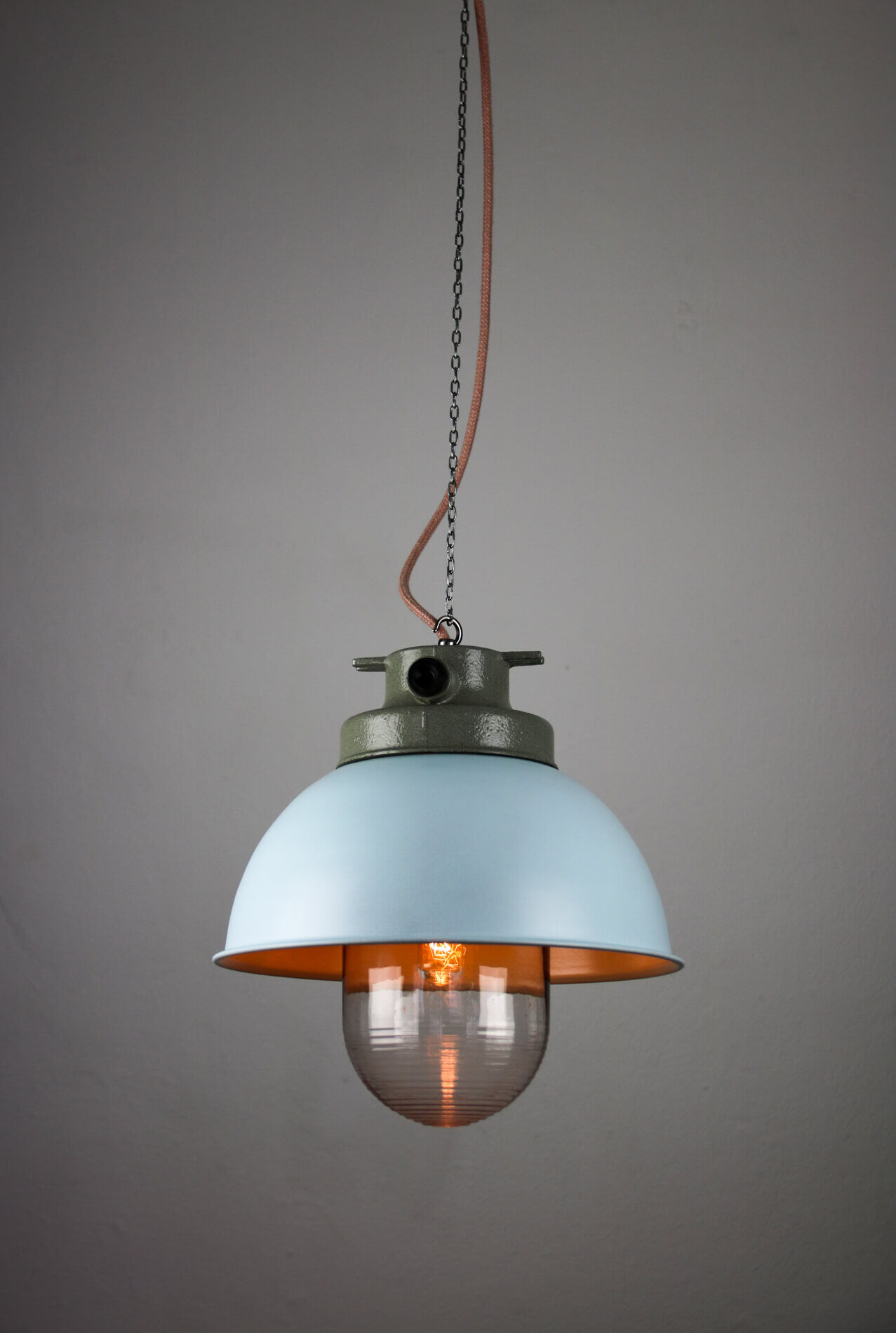 Light blue industrial hanging light from tep