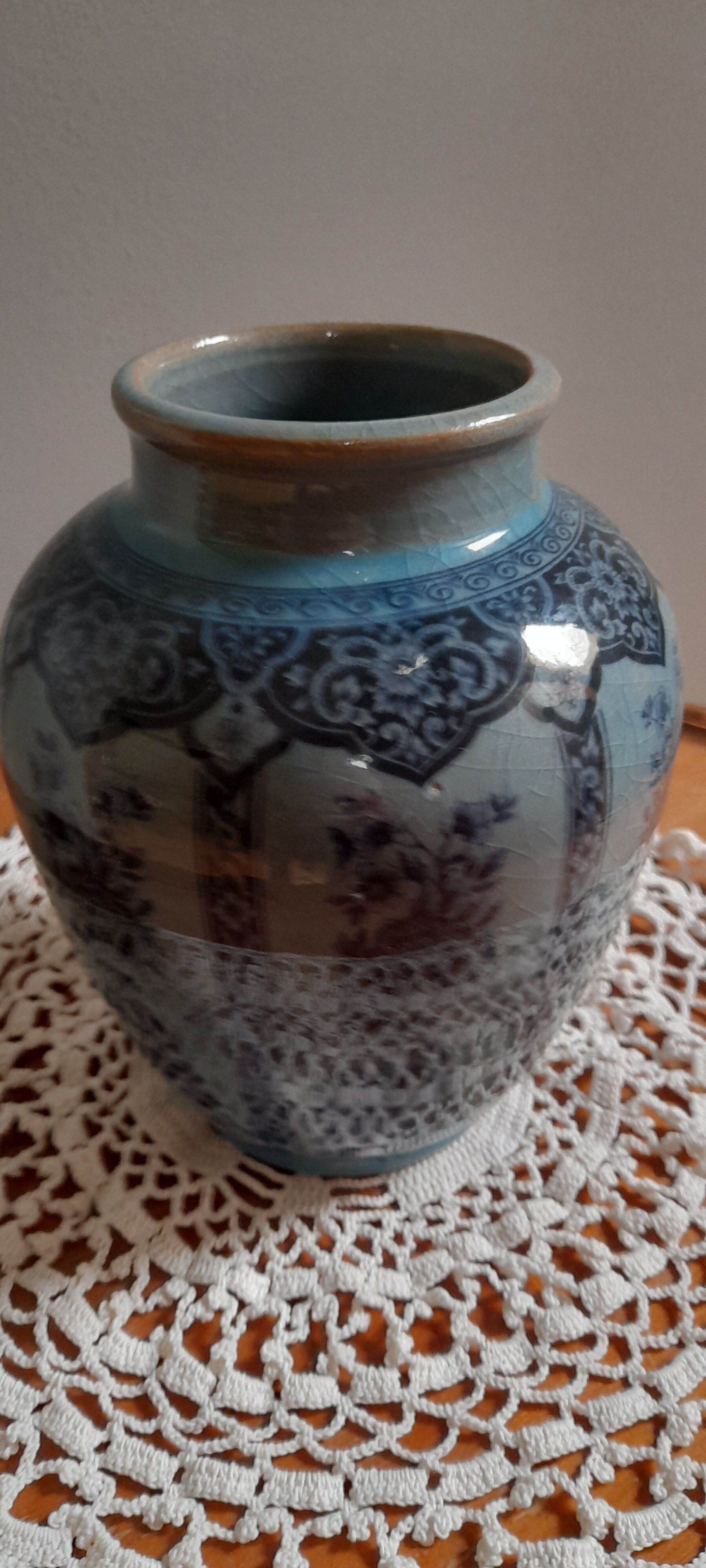 Decorative vase in blue glazed ceramic with floral decoration and arabesques, circa 1930