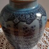 Decorative vase in blue glazed ceramic with floral decoration and arabesques, circa 1930