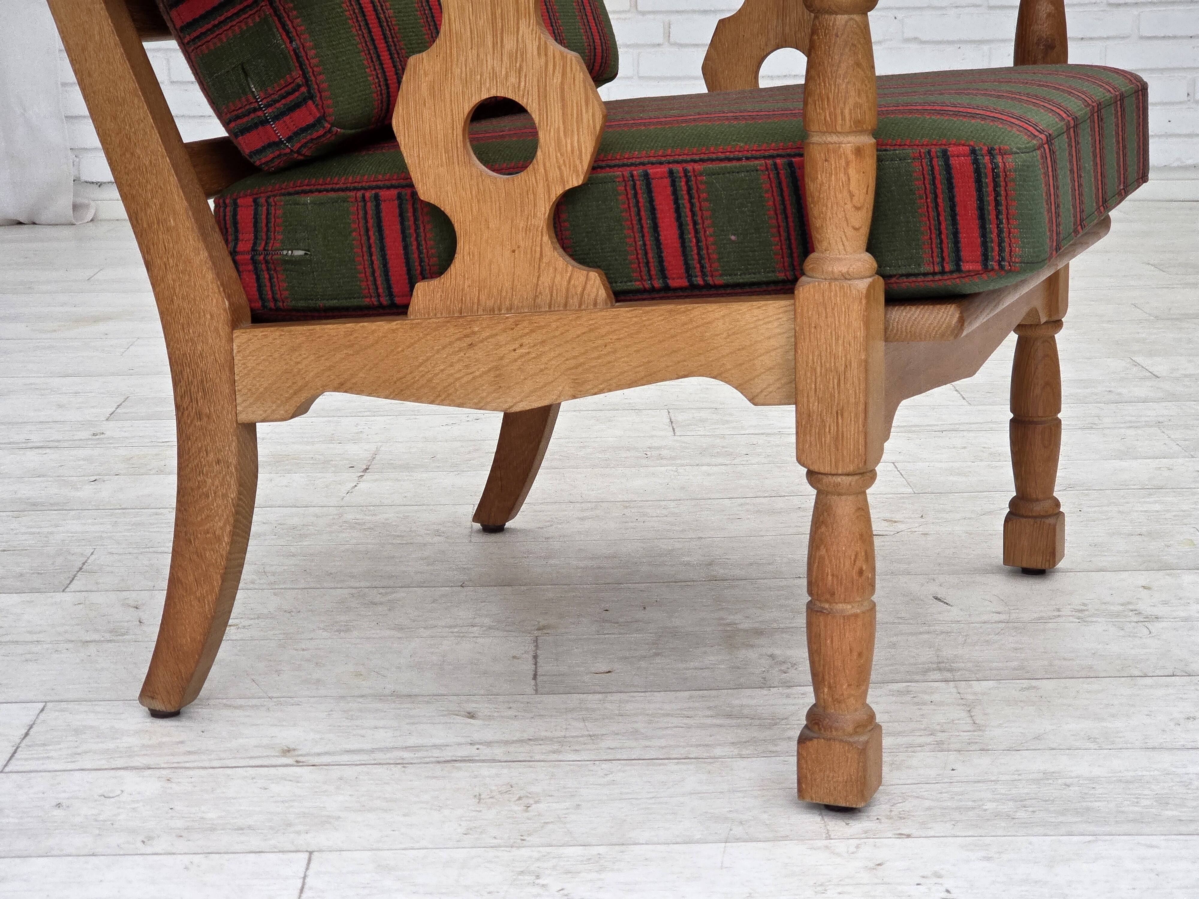 1970s, Danish armchair, green furniture wool, solid oak wood.