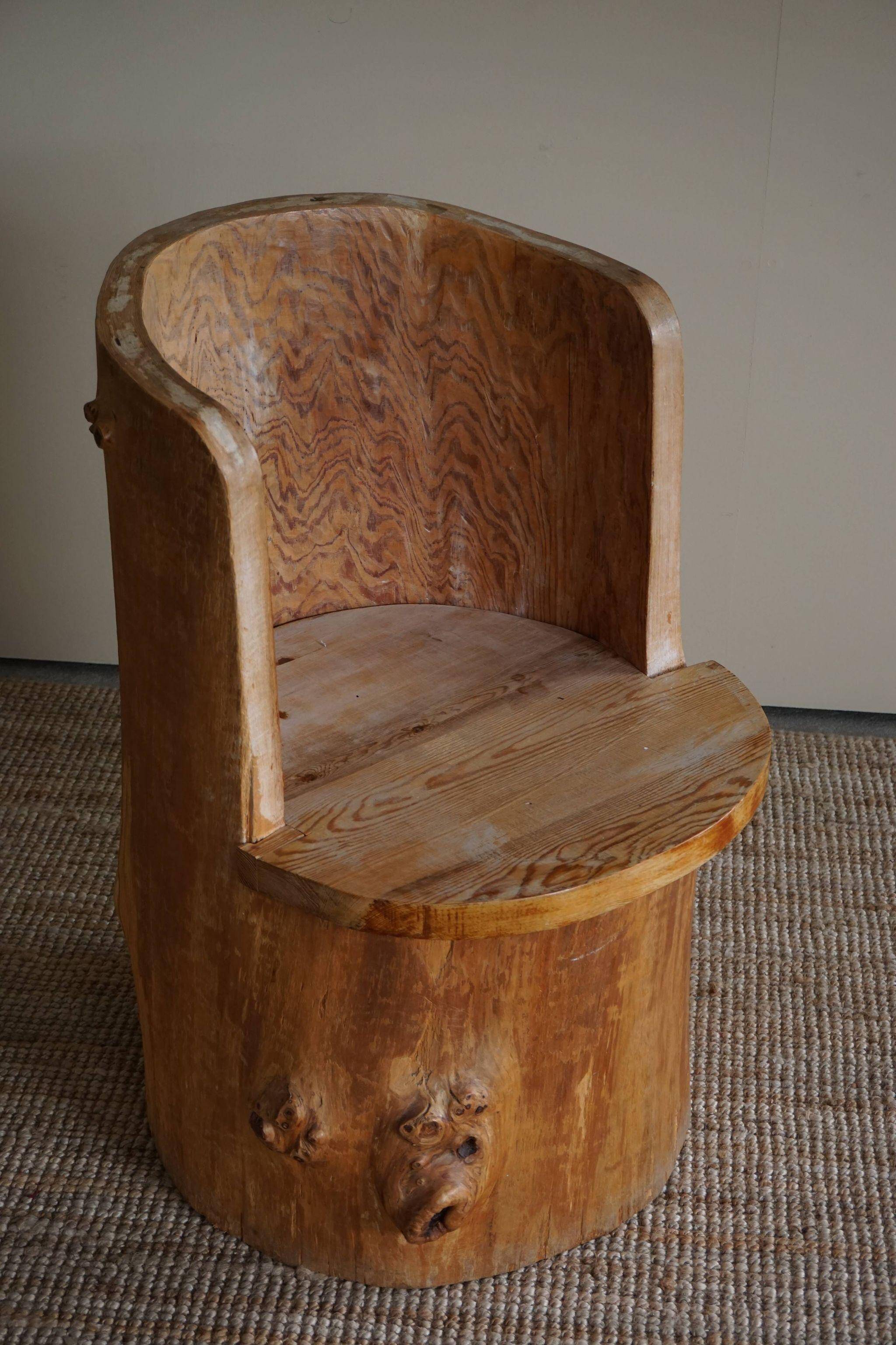Swedish brutalist mid-century sculptural chair in solid pine.