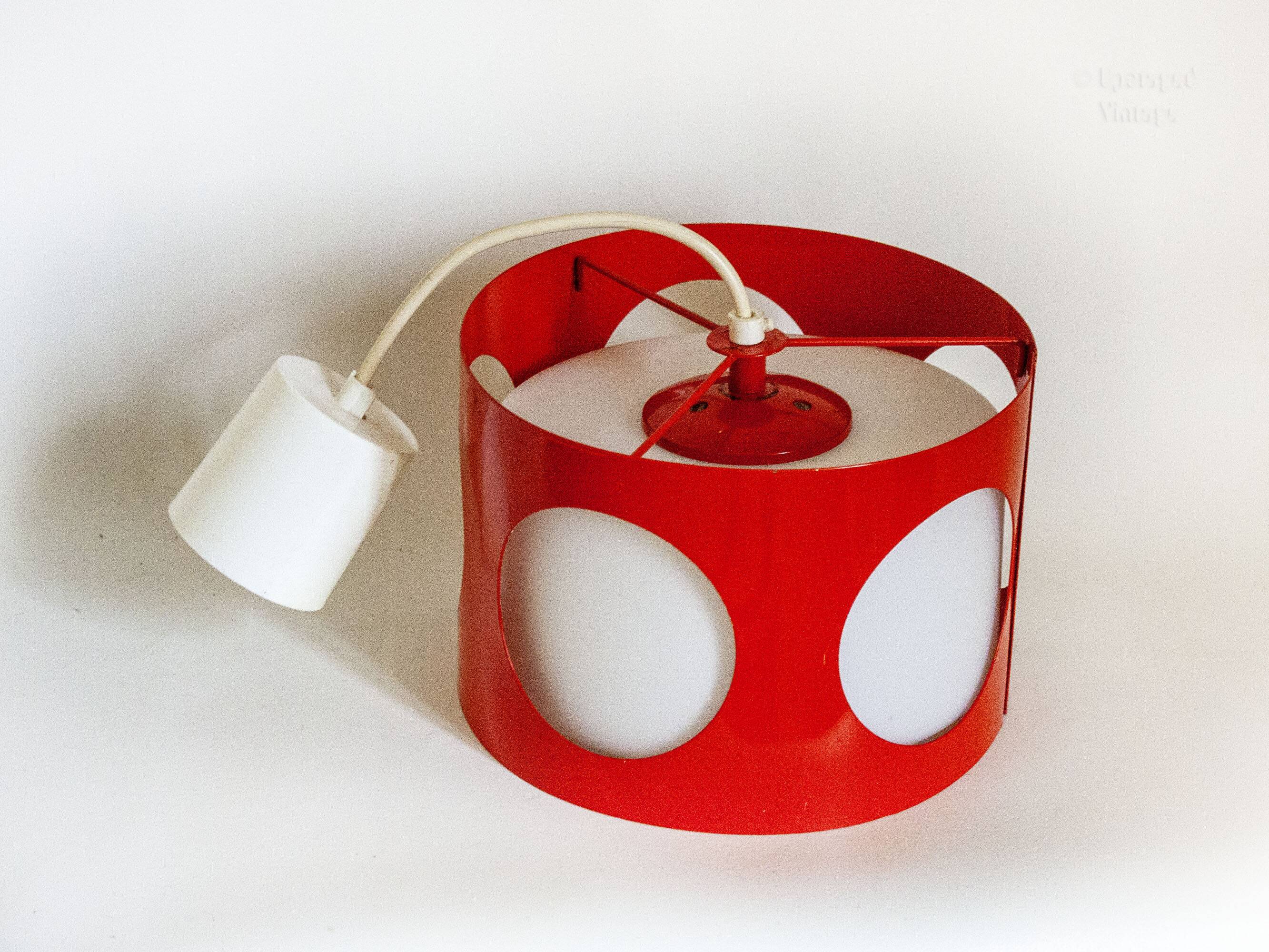 Vintage UFO ceiling light in red metal and white glass