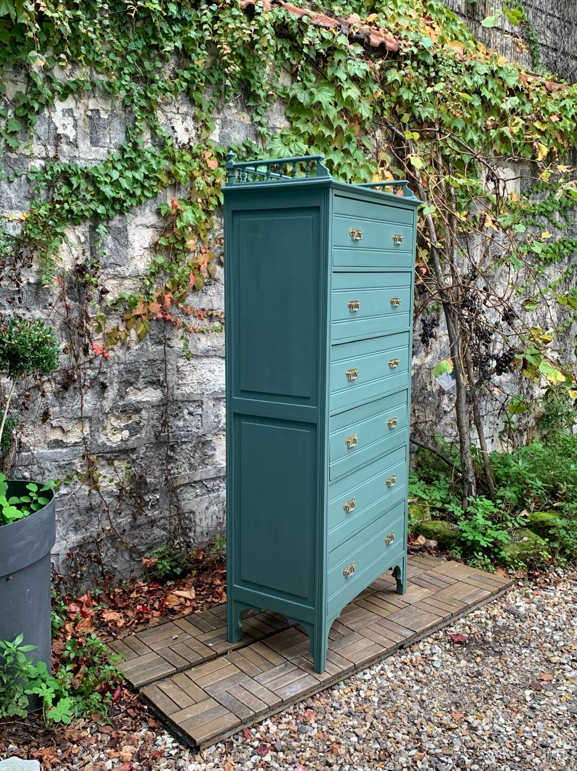 Old grey green high chest of drawers H160