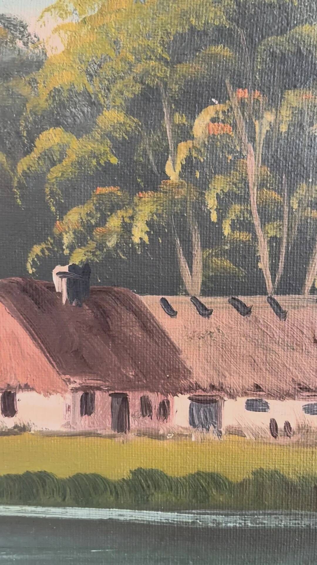 Vintage signed cottage lake landscape oil painting