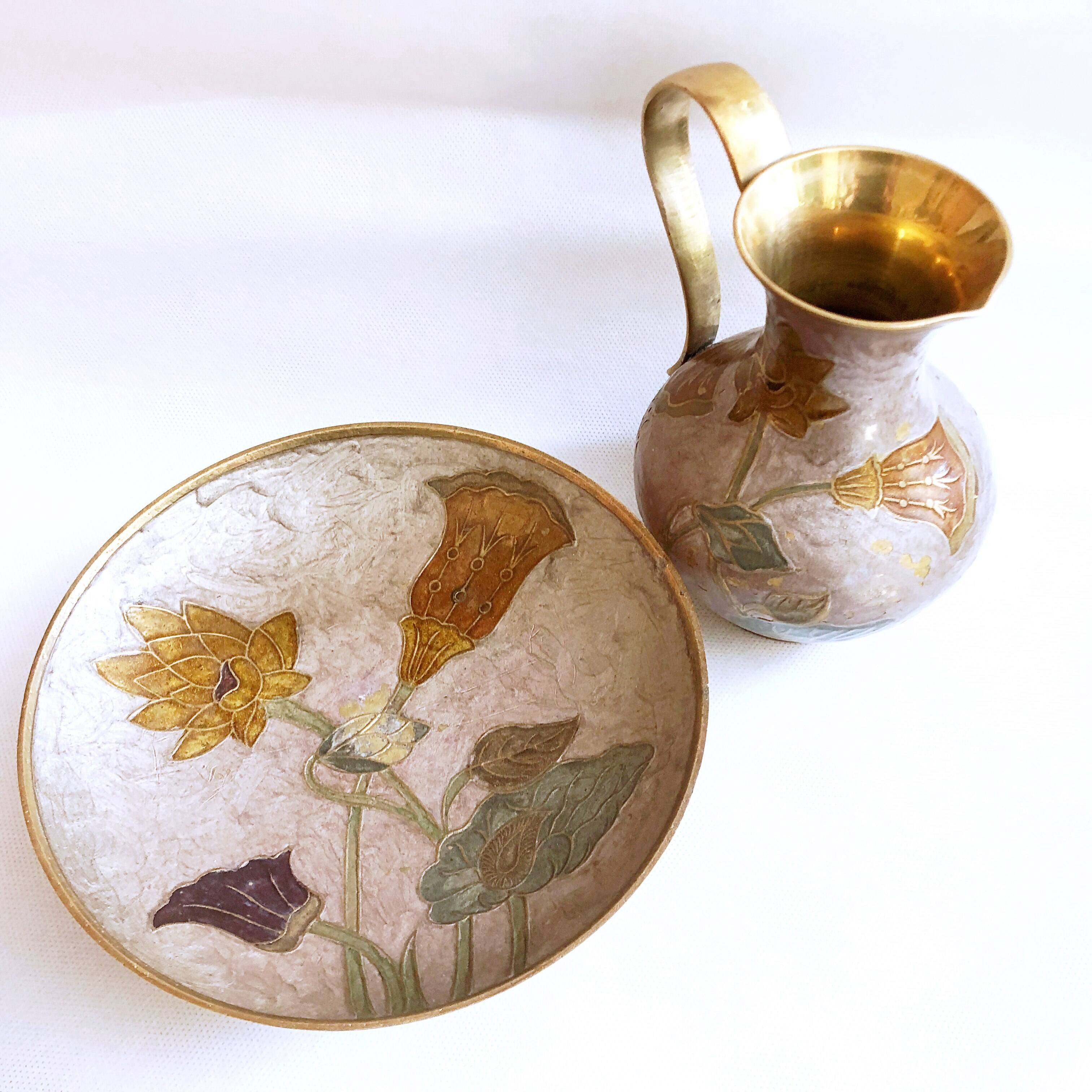 Enamelled brass carafe and cup set