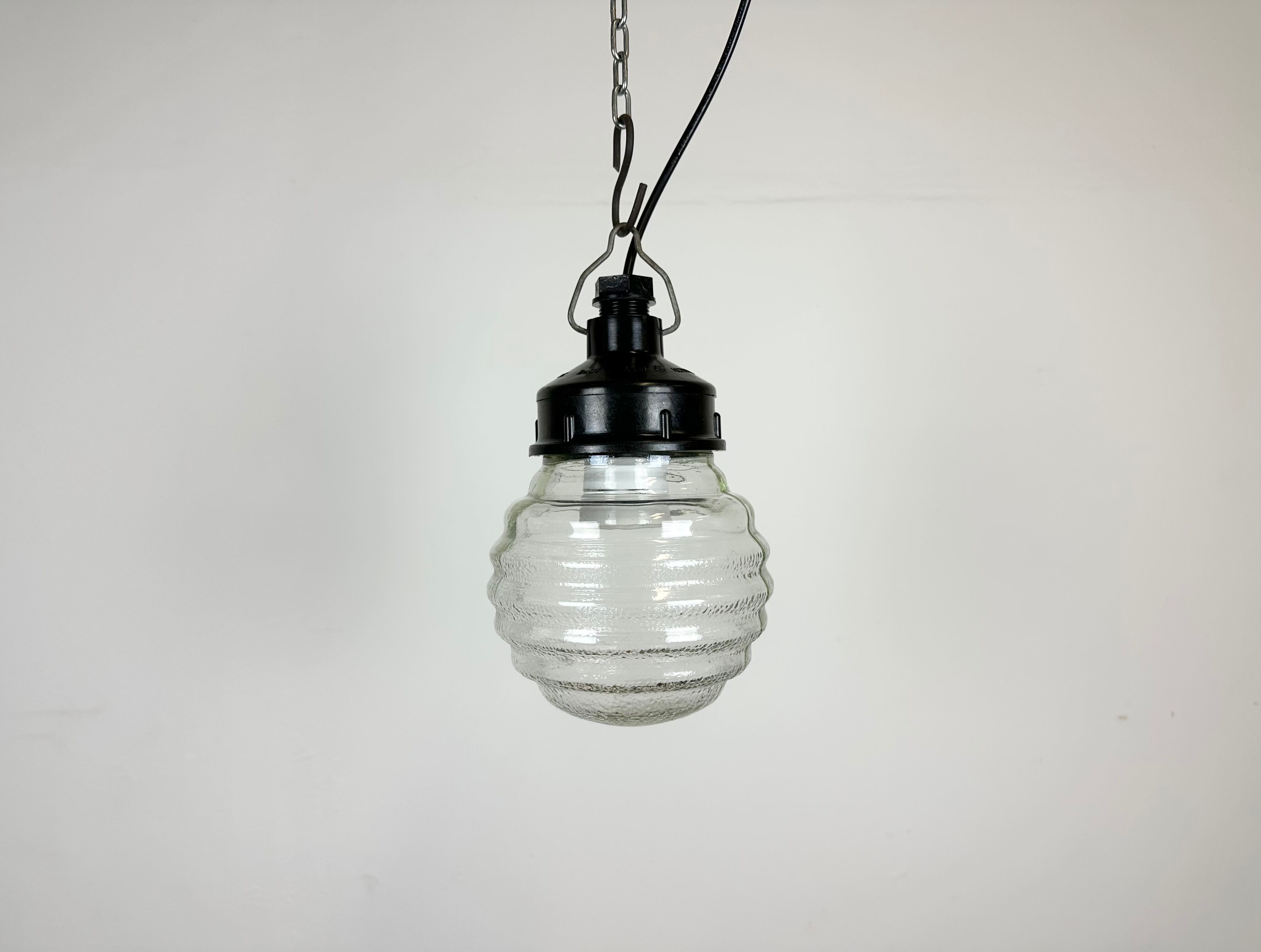 Industrial Bakelite Pendant Light with Ribbed Glass, 1970s