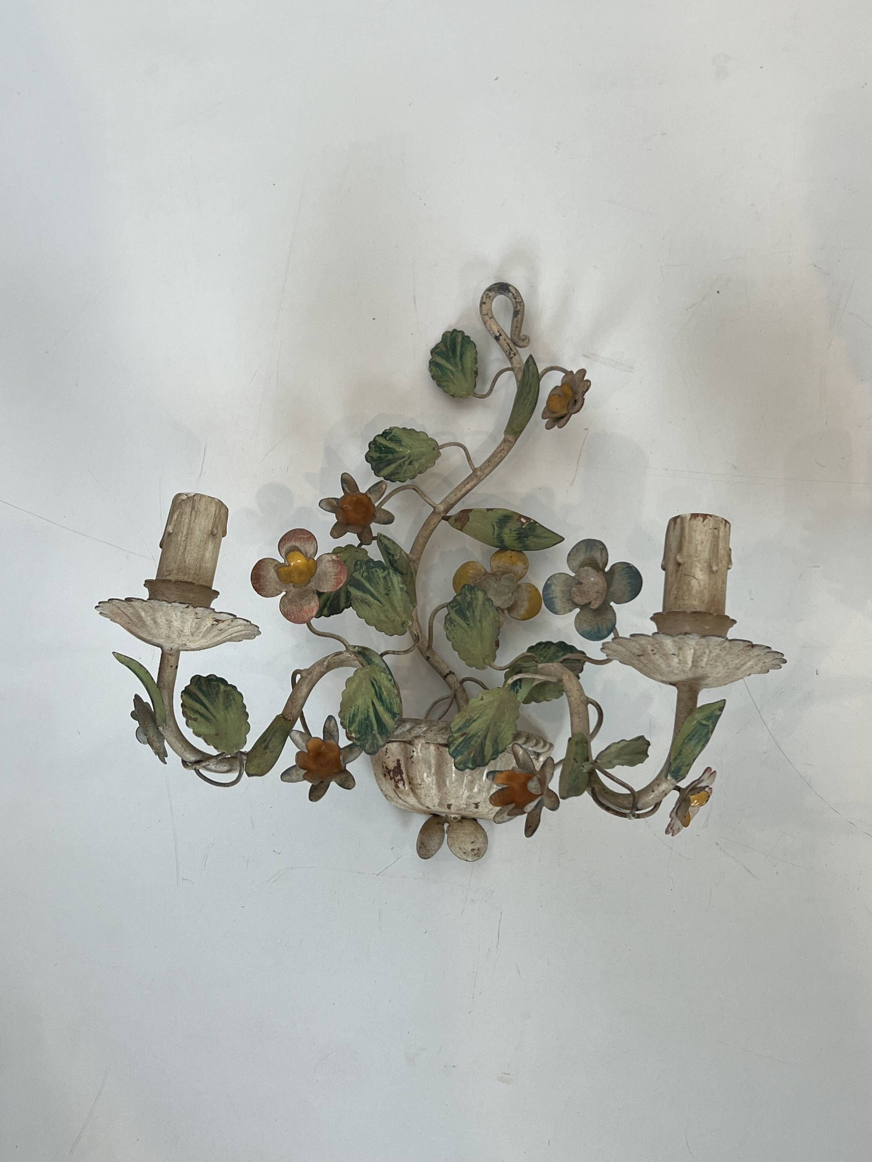 Pair of Wall Lights with Floral Basket in Painted Sheet Metal. Italian Work. Circa 19.
