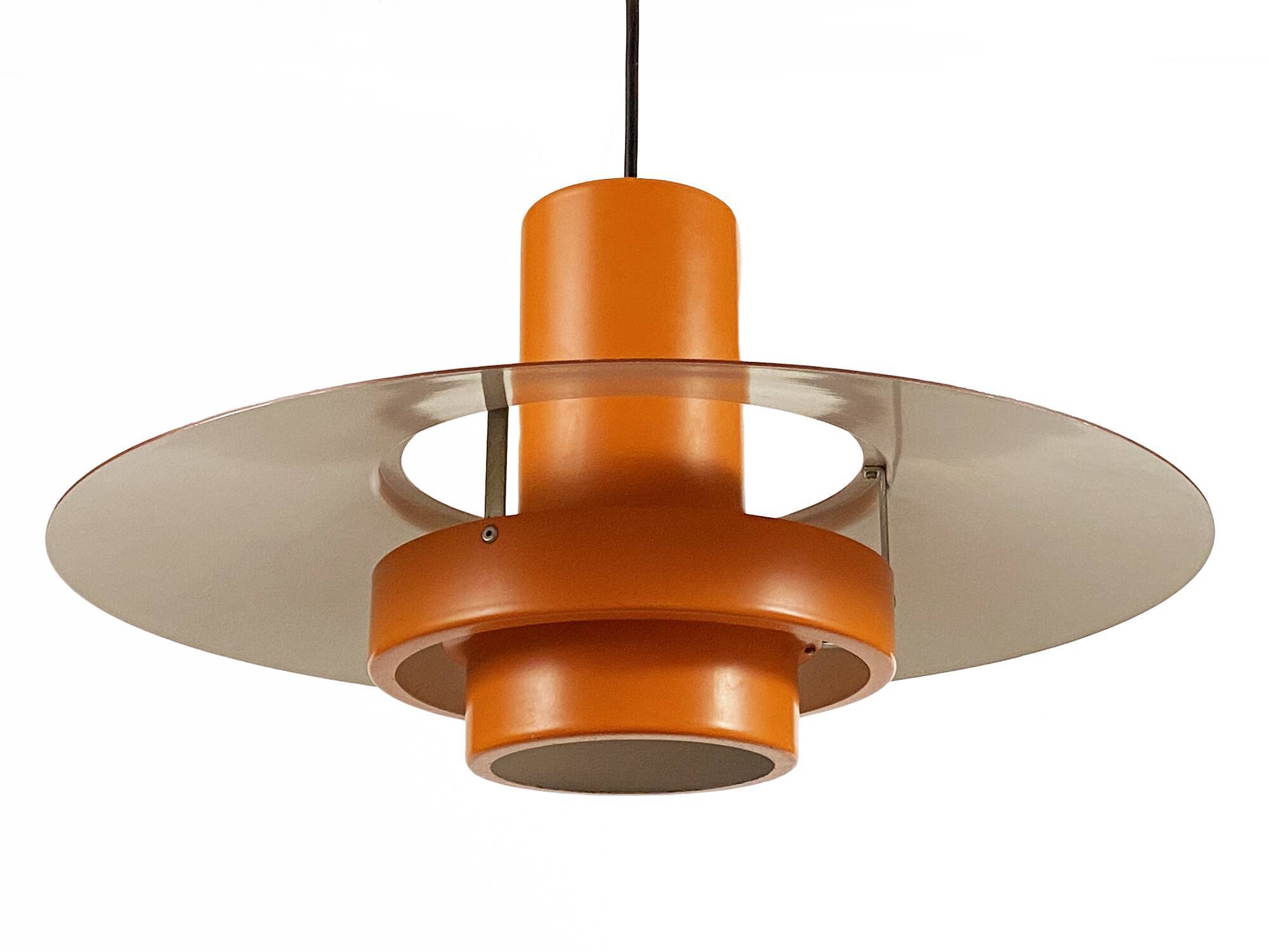 Pendant light "Falcon" two tone orange by Andreas Hansen for Fog & Mørup. Denmark 1960s.