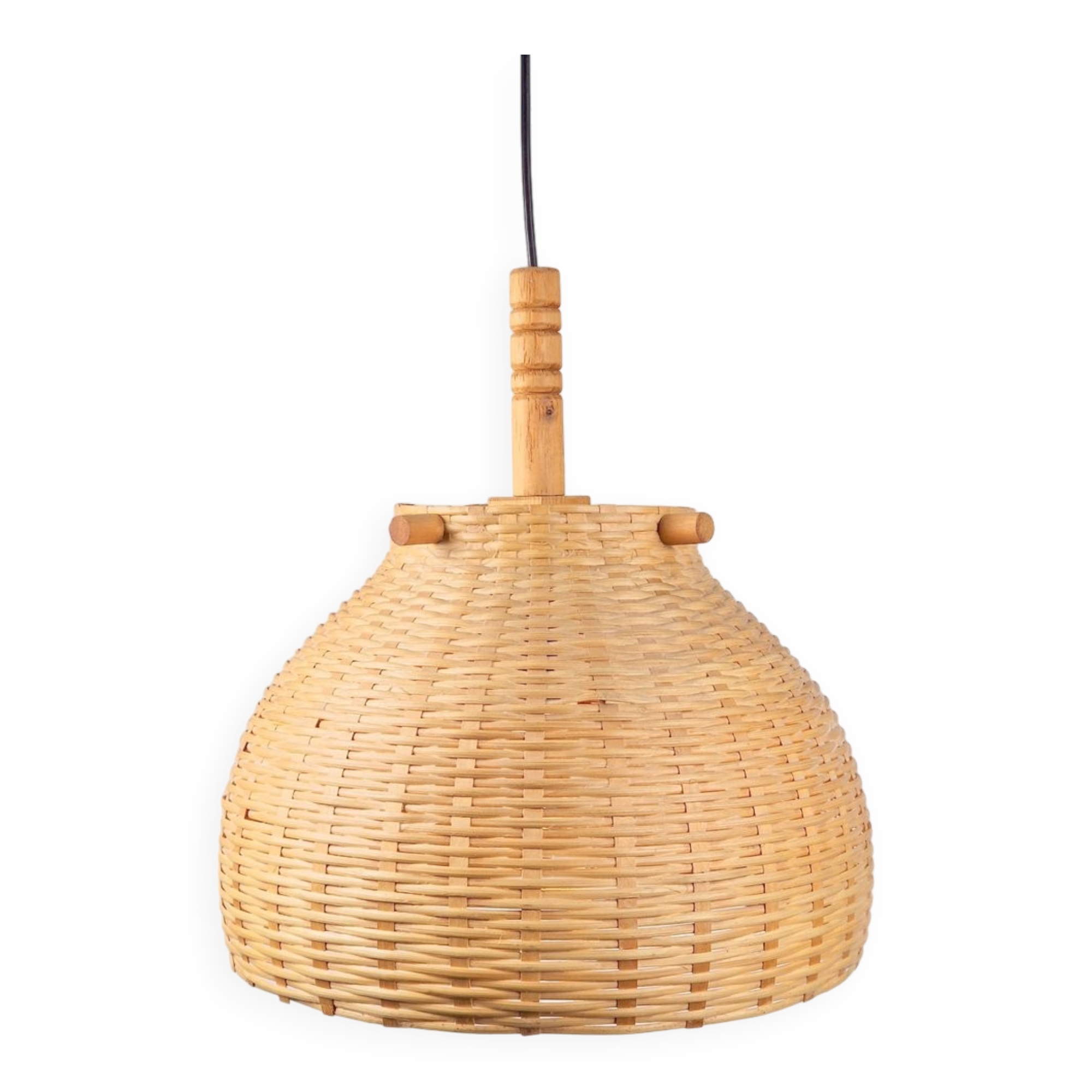 Scandinavian Wicker Rattan and Pine Pendant Lamp, 1960s