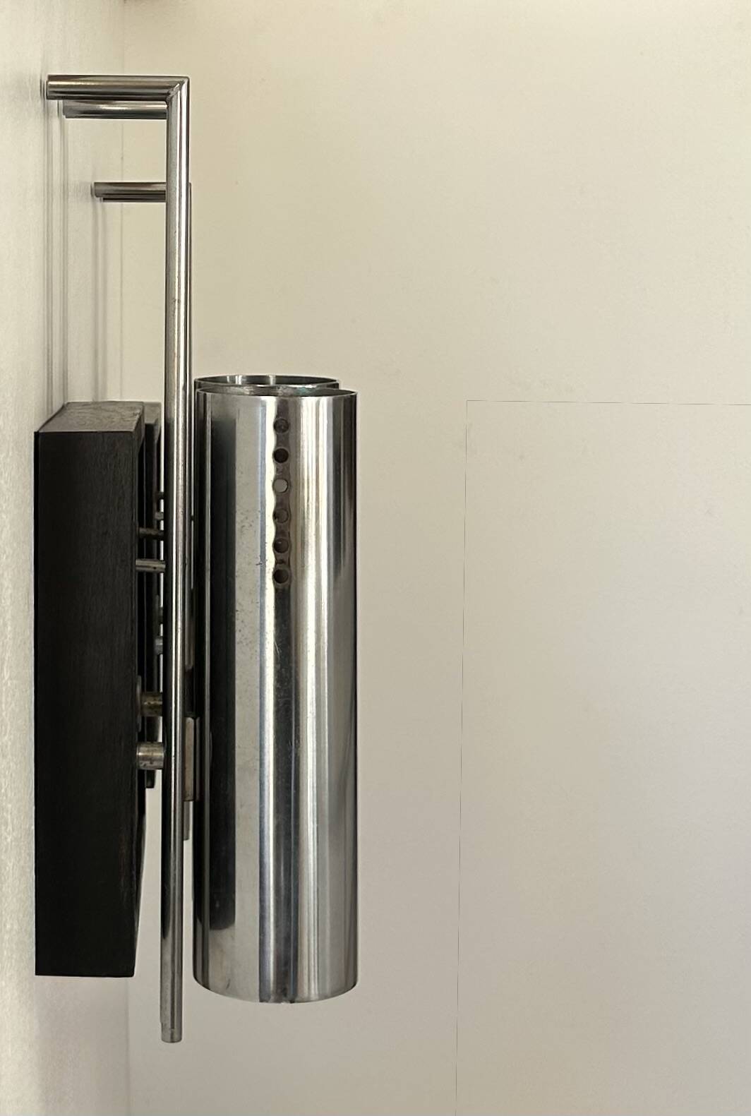 Pair of vintage wall lights, chrome-plated metal and blackened oak, France, 1970
