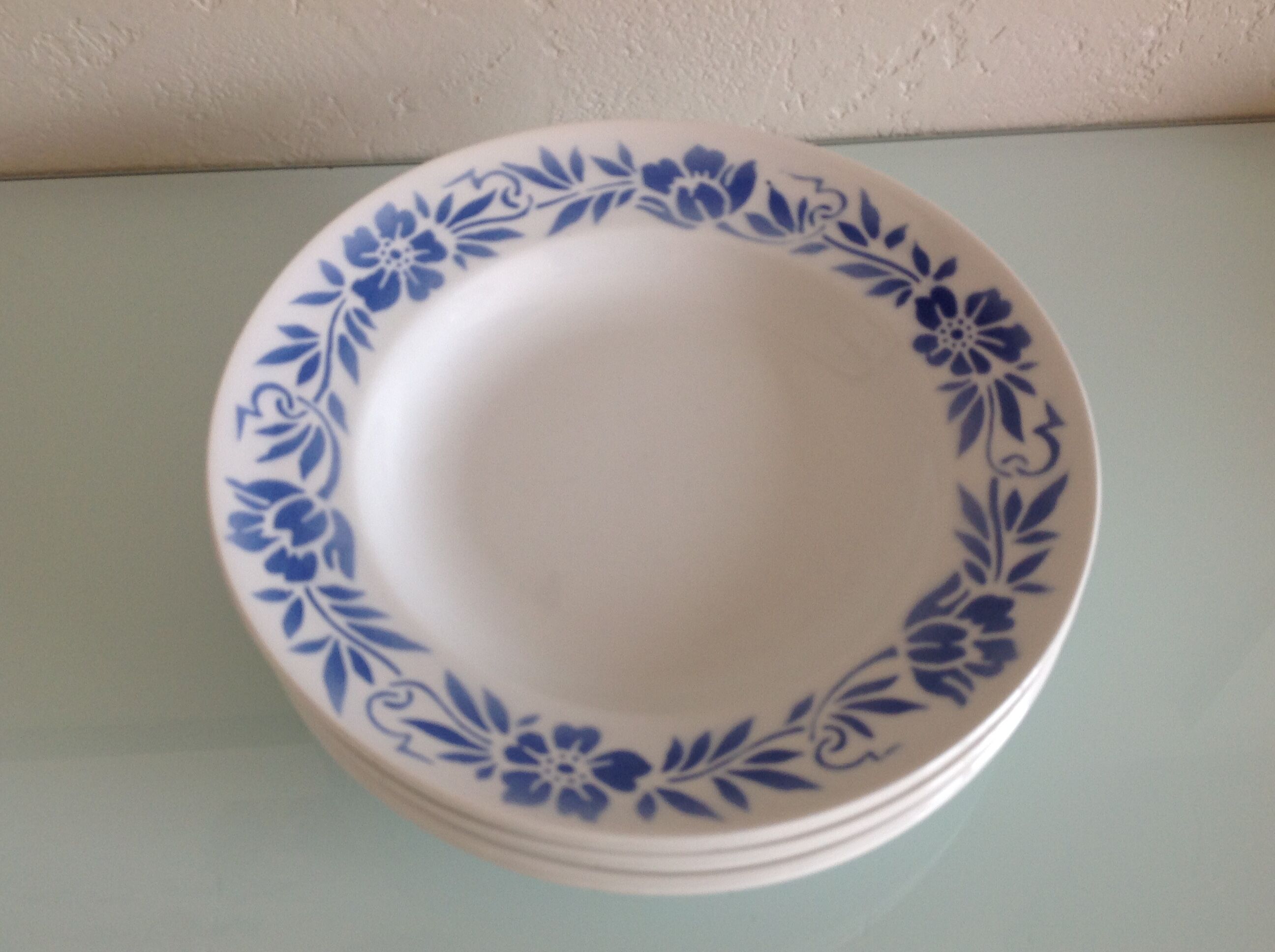 Suite of six white hollow plates with blue flowers by Moulin des Loups / vintage years 50-60