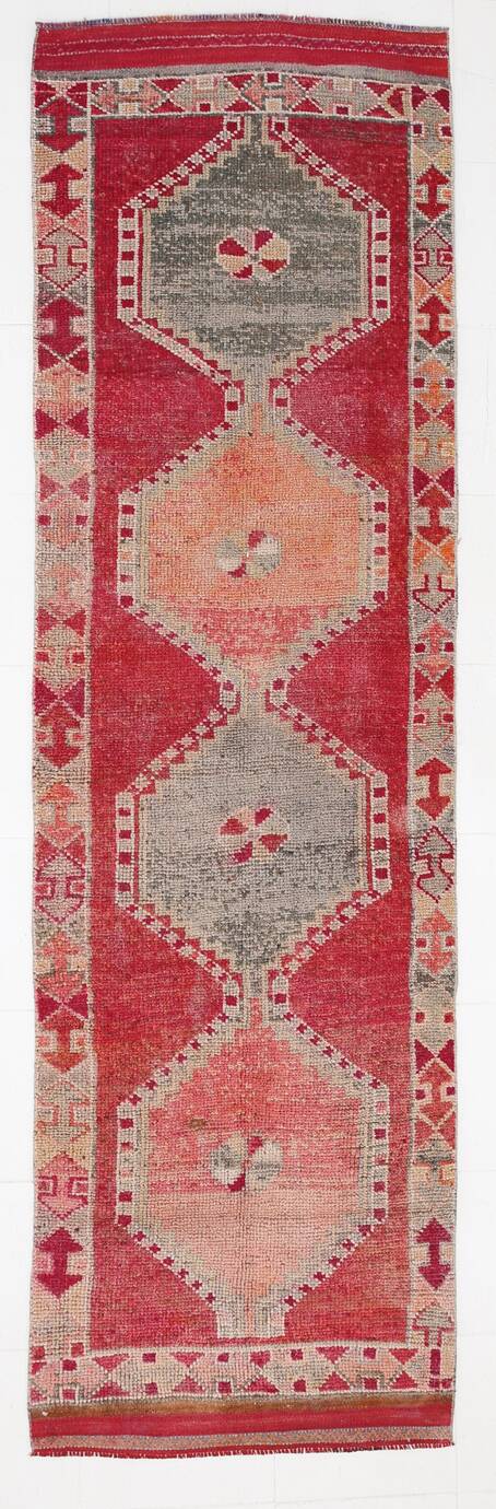 Tapis kilim ancien tons rouges et gris, motifs géométriques turcs,99x343 Cm