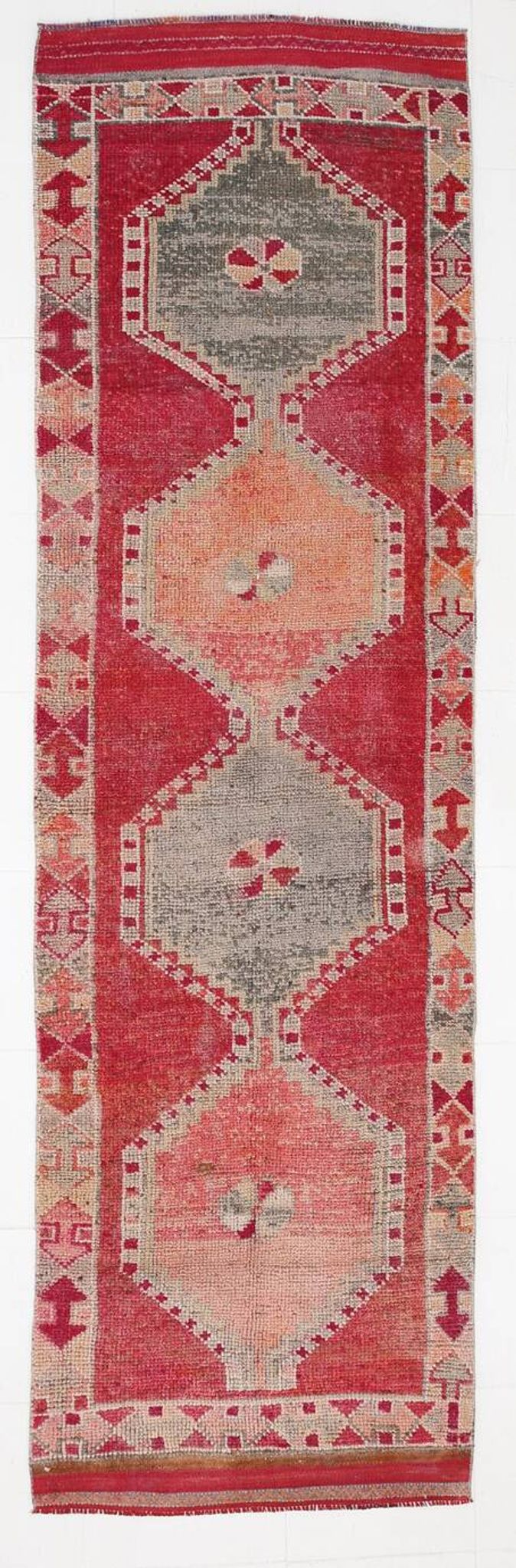 Tapis kilim ancien tons rouges et gris, motifs géométriques turcs,99x343 Cm