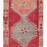 Tapis kilim ancien tons rouges et gris, motifs géométriques turcs,99x343 Cm