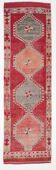 Tapis kilim ancien tons rouges et gris, motifs géométriques turcs,99x343 Cm