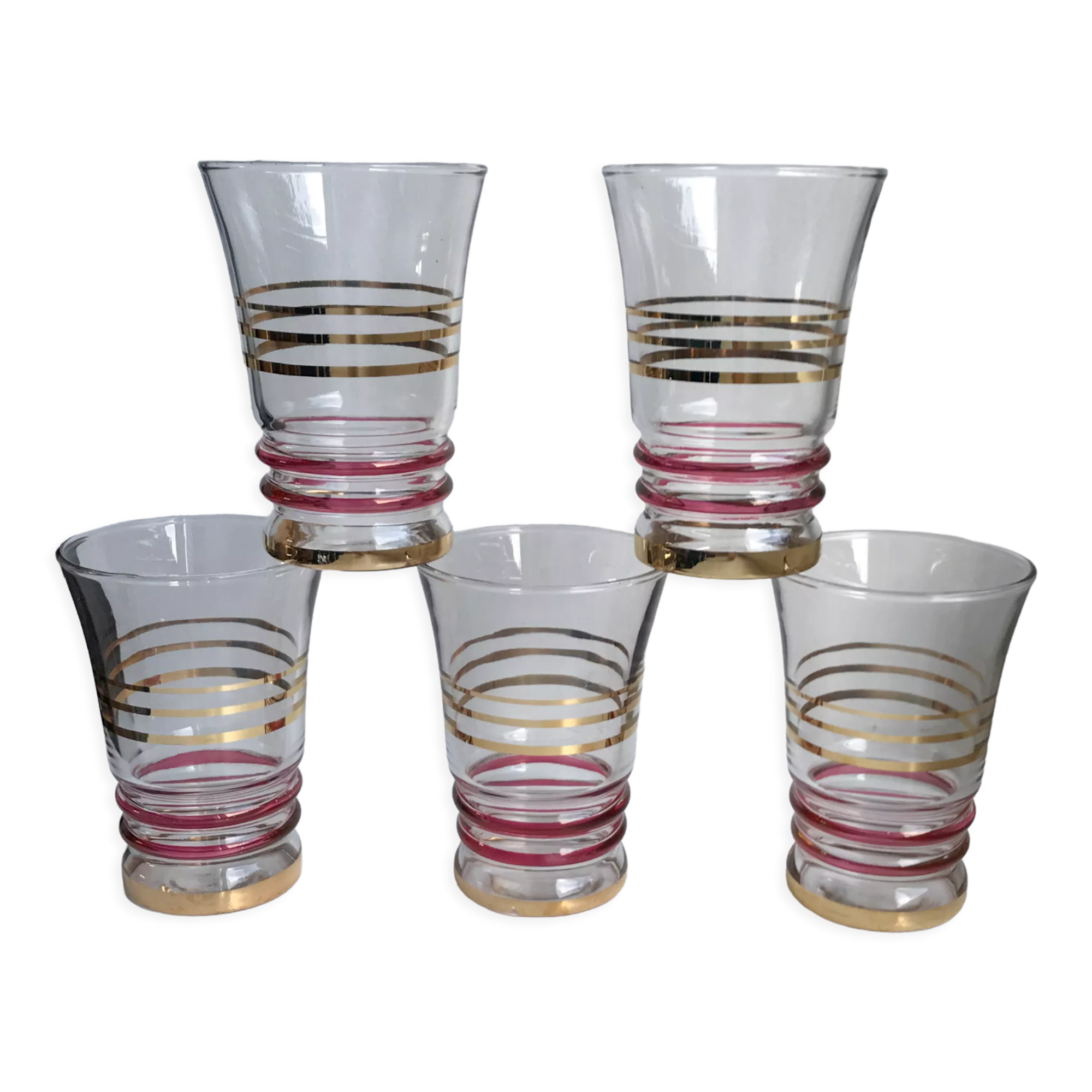 Set of 5 red and gold spiral water glasses 50-60s