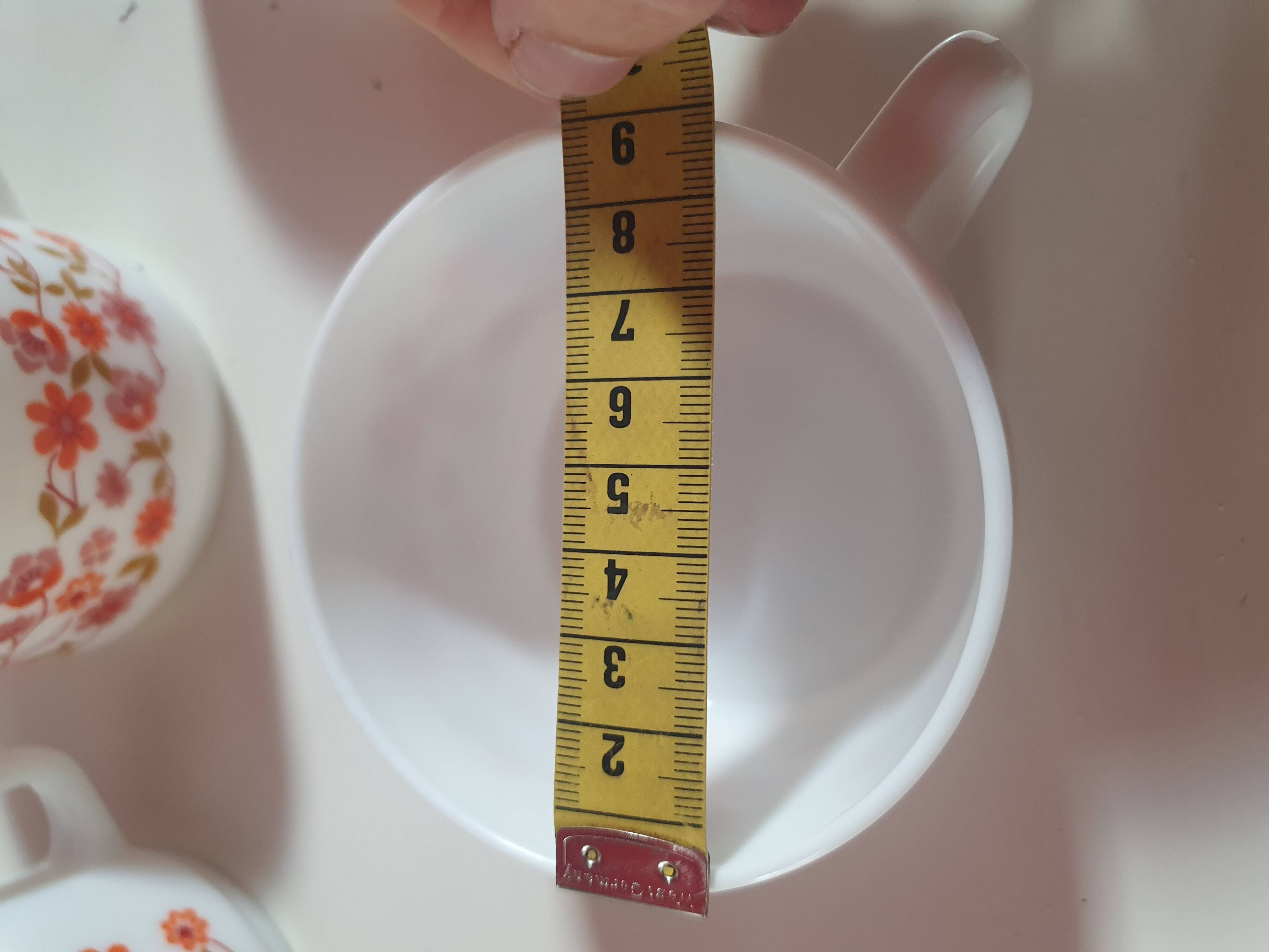 set of 6 vintage Arcopal Scania mugs with small orange liberty flowers from the 70s