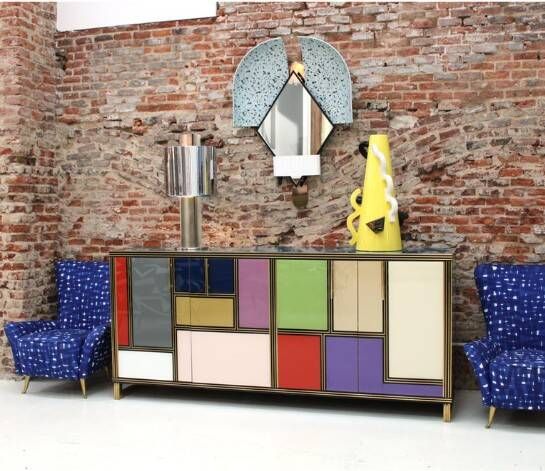 Mid-Century Modern Style Wood Colored Glass and Brass Italian Sideboard