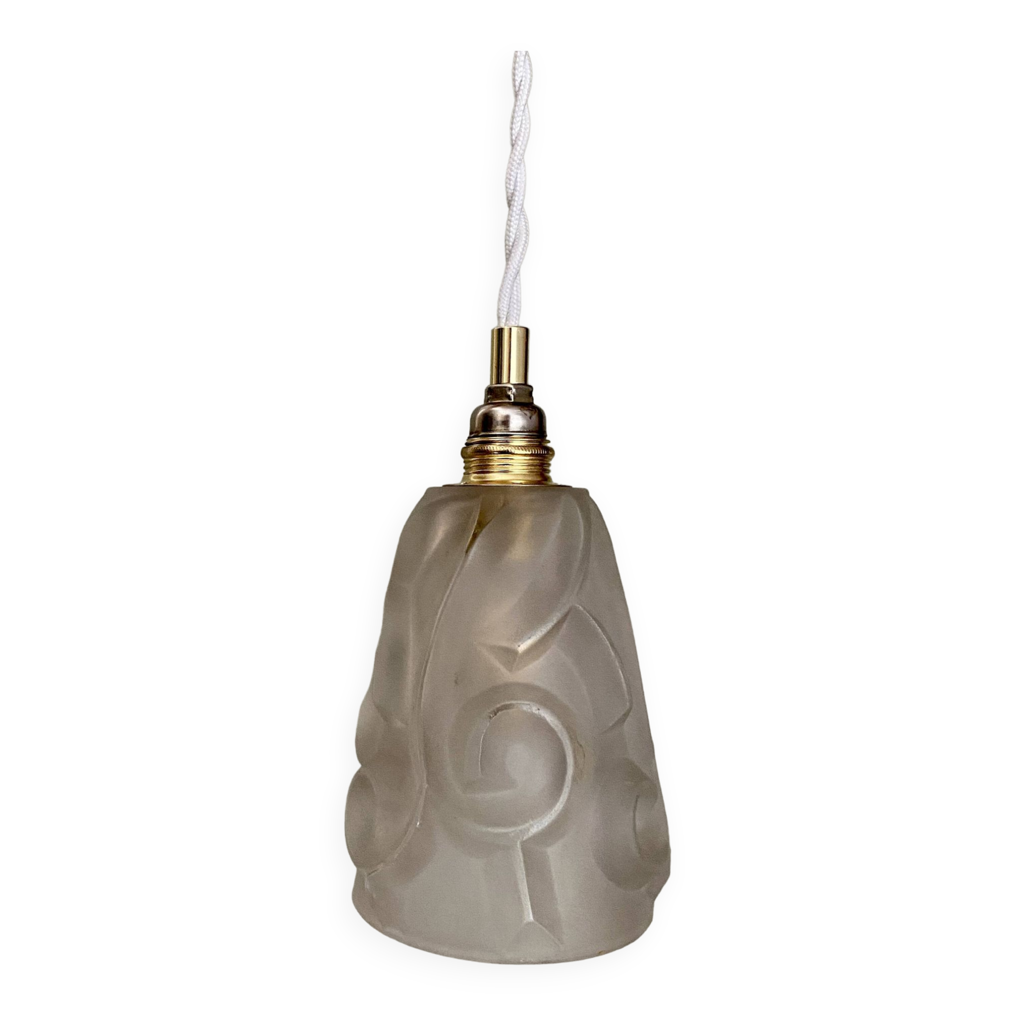 Vintage art deco tulip pendant light in frosted glass signed Degué