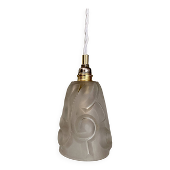 Vintage art deco tulip pendant light in frosted glass signed Degué