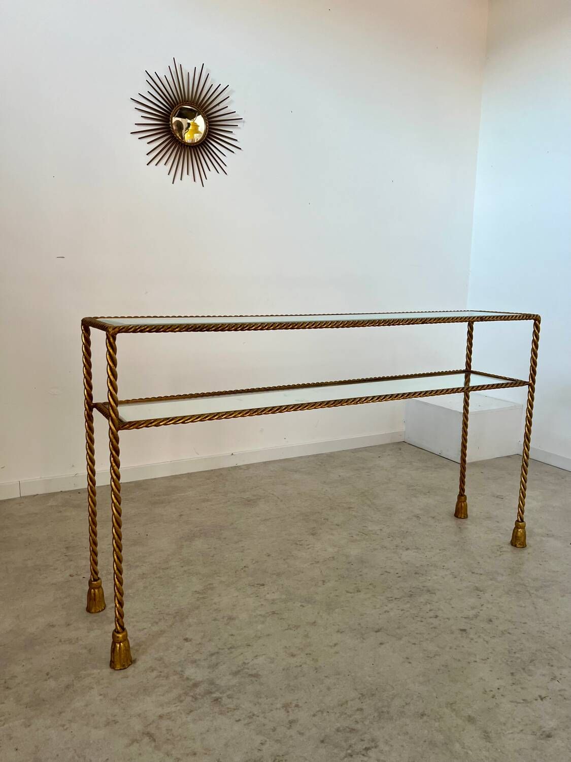 Antique console table in twisted gilded brass and glass Italian design from the 60s vintage table