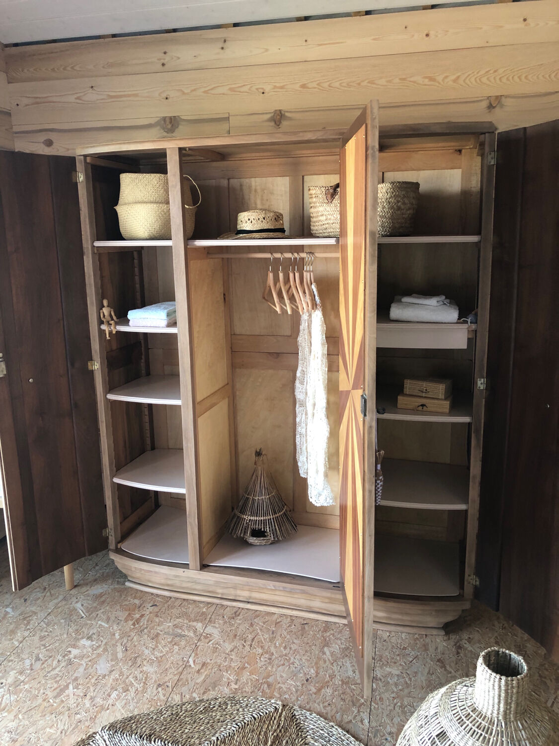 Art Deco wardrobe, solid wood and beveled mirror
