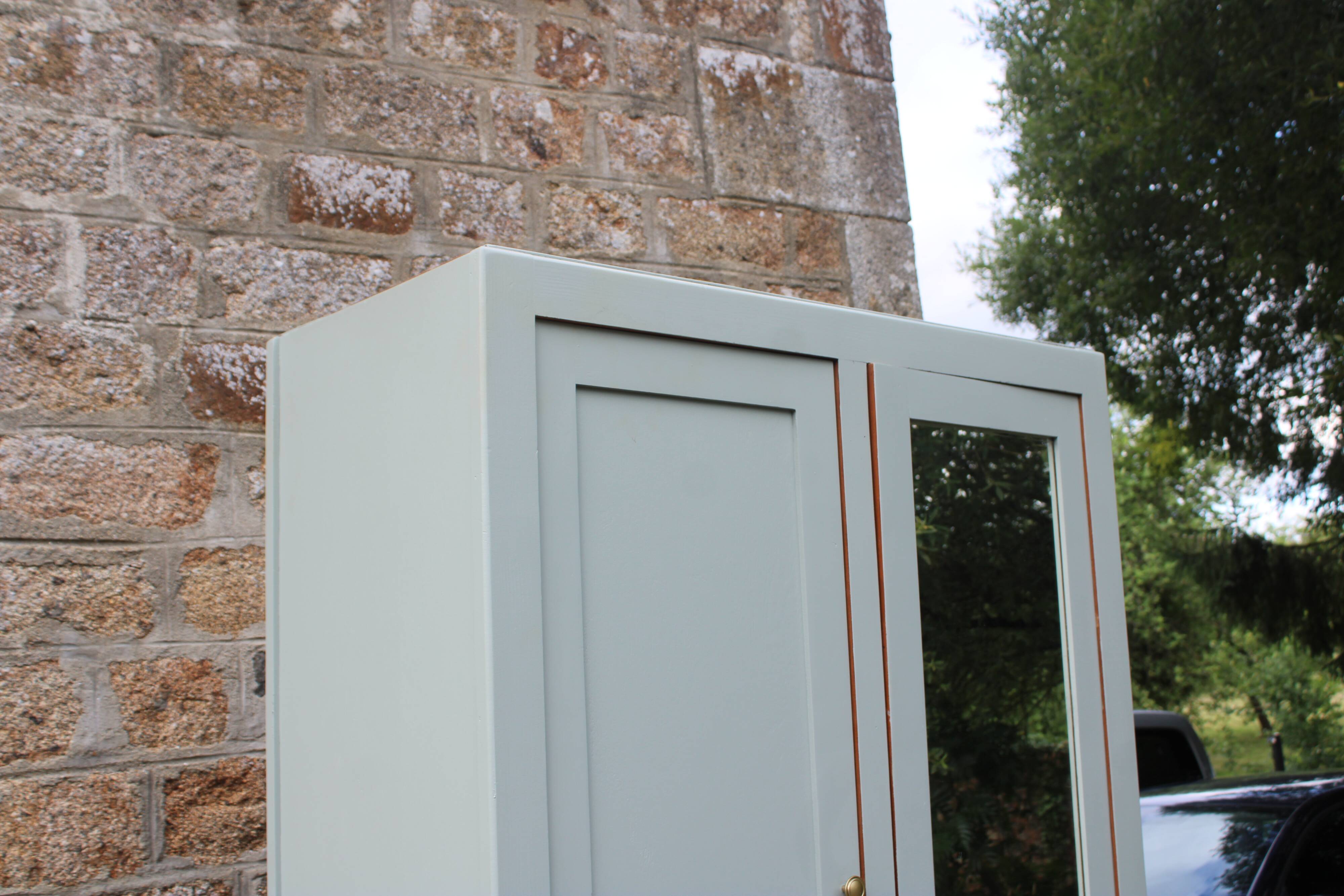 Vintage Parisian wardrobe in sage green – Mirror, hanging space and drawers